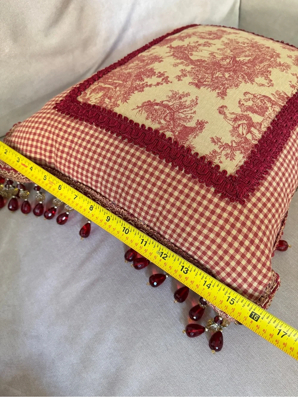 French Country Cottage Red Ivory English Toile Check Tassels Beaded Foam Pillow